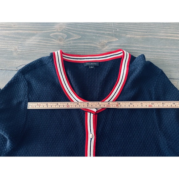 Talbots Navy Textured Knit Cardigan Red White Trim Pearl Button Women's Size M - Picture 8 of 11